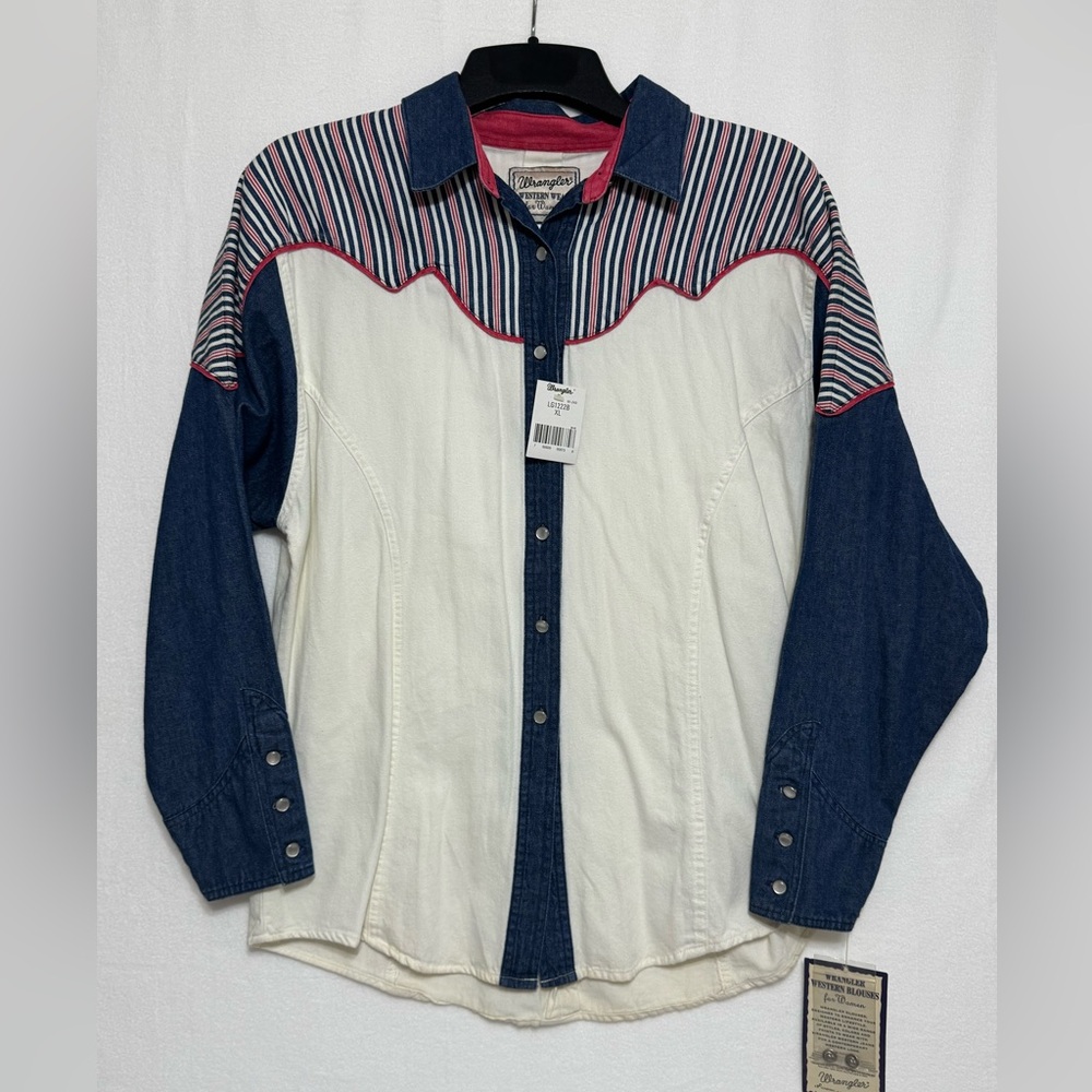 Wrangler Western Women’s Blouse Shirt Pearl Buttons Size XL VTG 90s NWT Red Blue